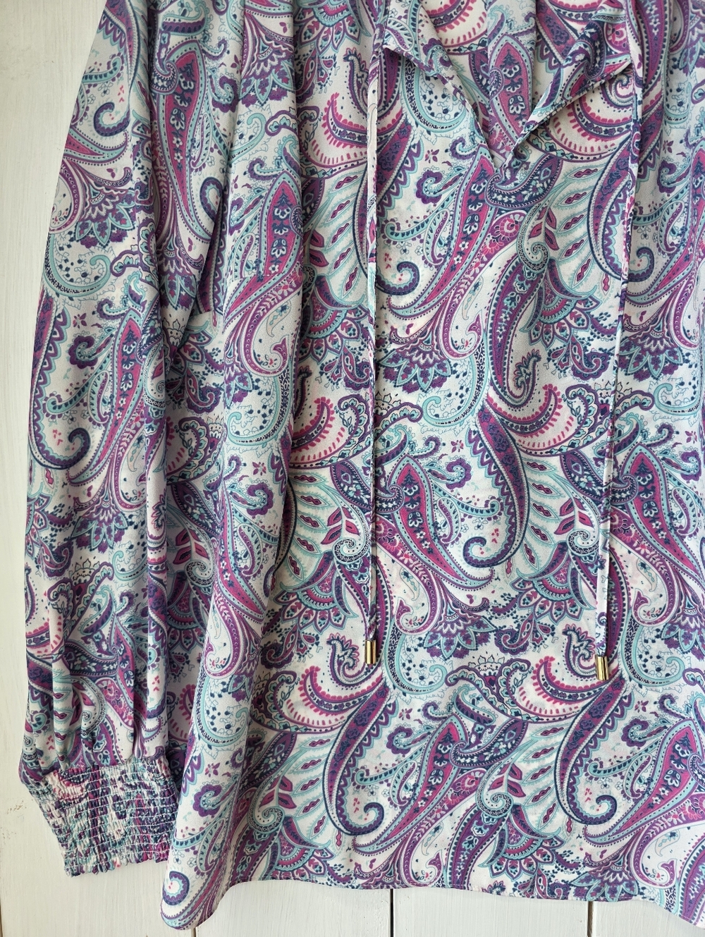 Laura Paisley Print Tie Front Blouse Purple Teal Womens Size 12 - Picture 3 of 10